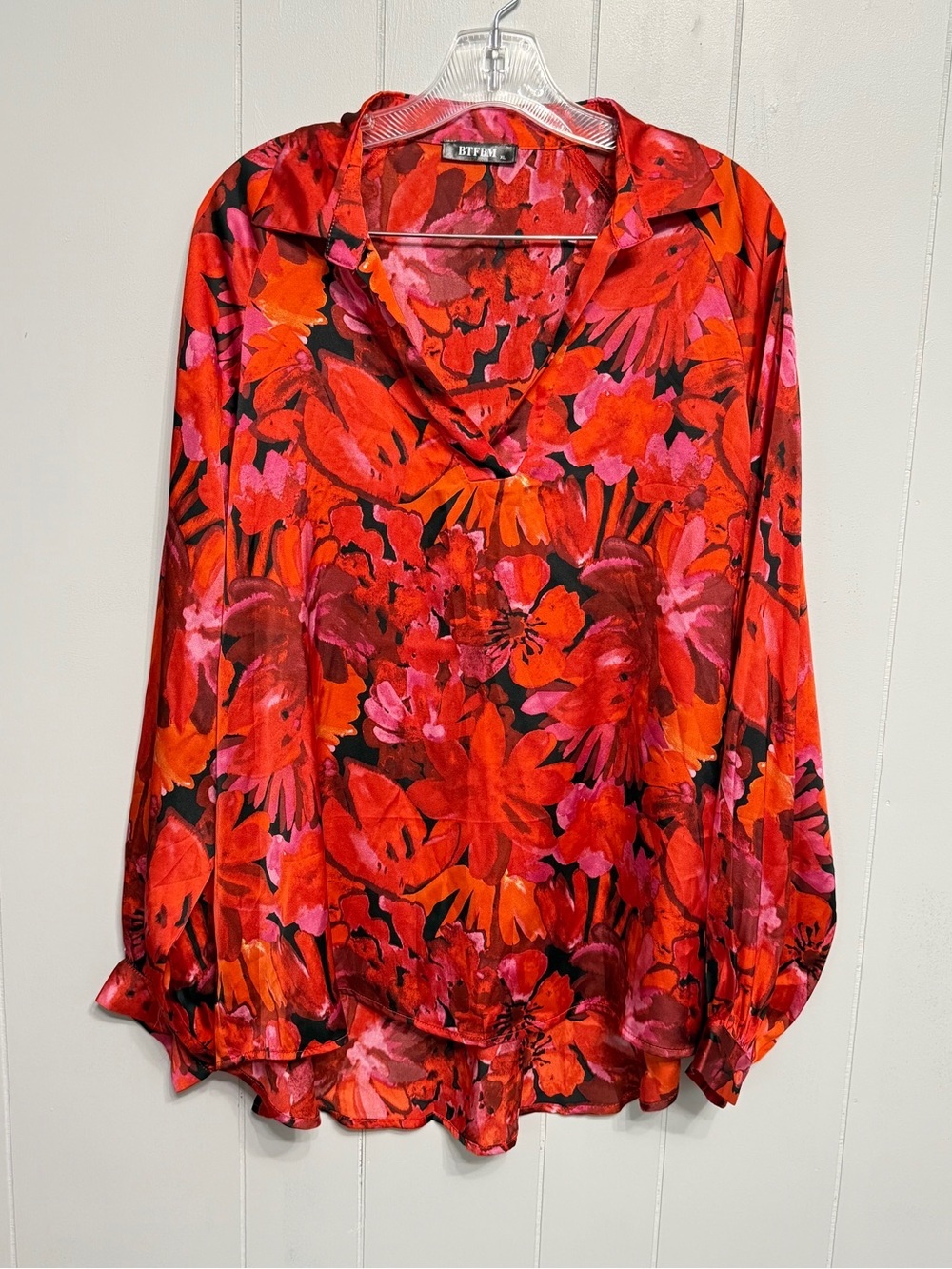Bold Red Floral Satin Blouse by BTFW